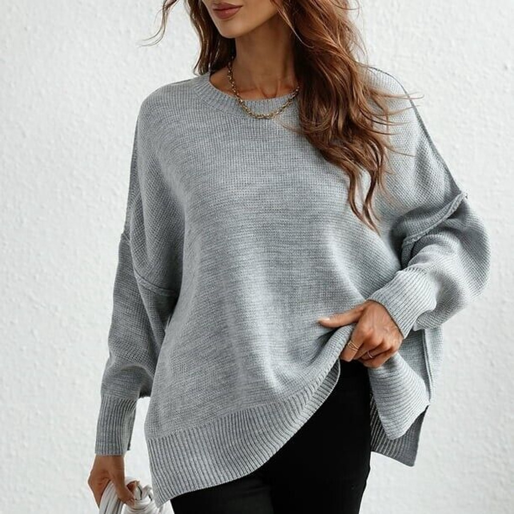 Faroro Women's Long Sleeve Knit Pullover Sweater in Gray Size M/L